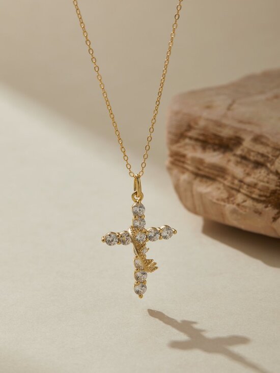 Museori Jewelry - 14k Gold Plated Cross Spinner Necklace Rotatable Crown Museori